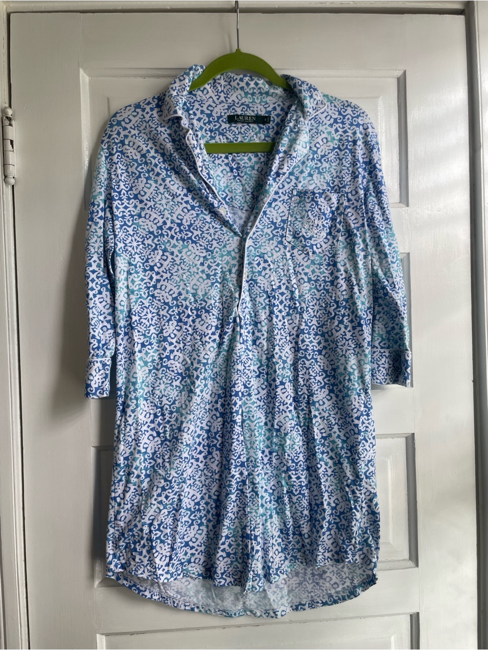 Lauren Ralph Lauren Women's Blue Print 3/4 Sleeve Nightgown Nightshirt Size S